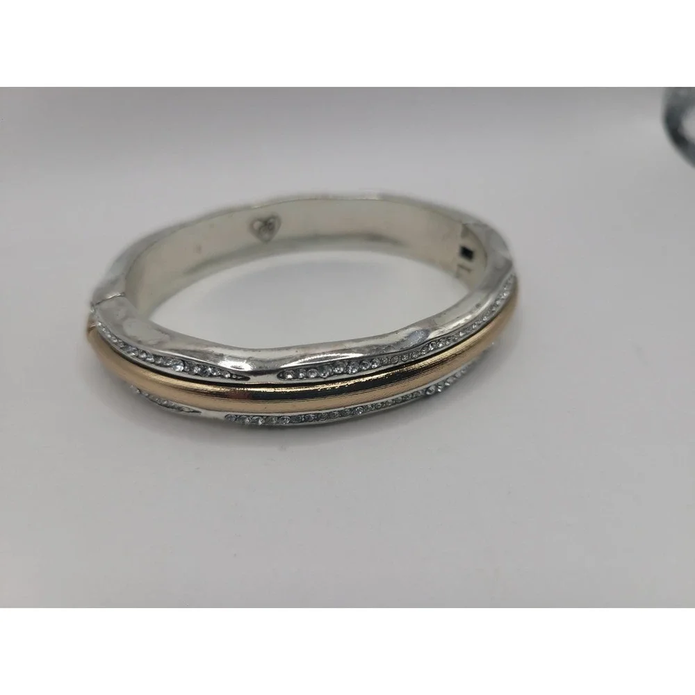 Brighton Two Tone Gold Silver Crystal Hinged Bangle Bracelet Signed
